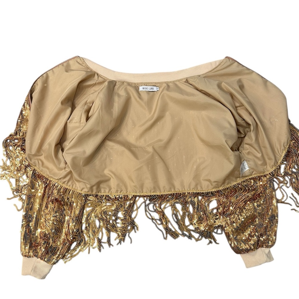 NIKKI LUND Oversize Sequins Fringe Hem Jacket in Gold L - Picture 8 of 11
